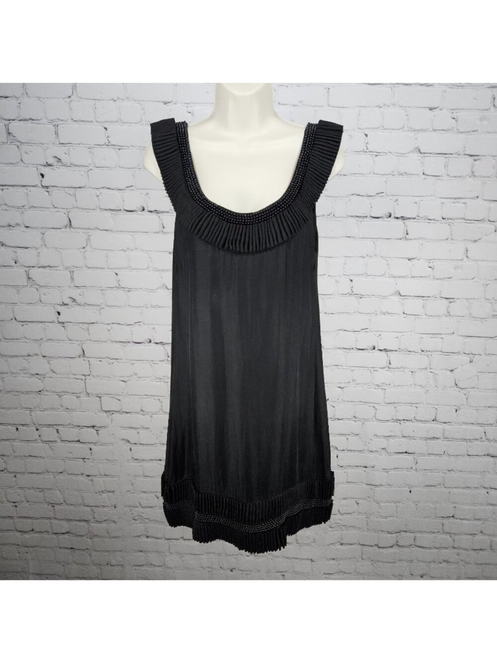 Yoana Baraschi Black 100% Silk Beaded Ruffle Sleeveless Short Dress Medium M